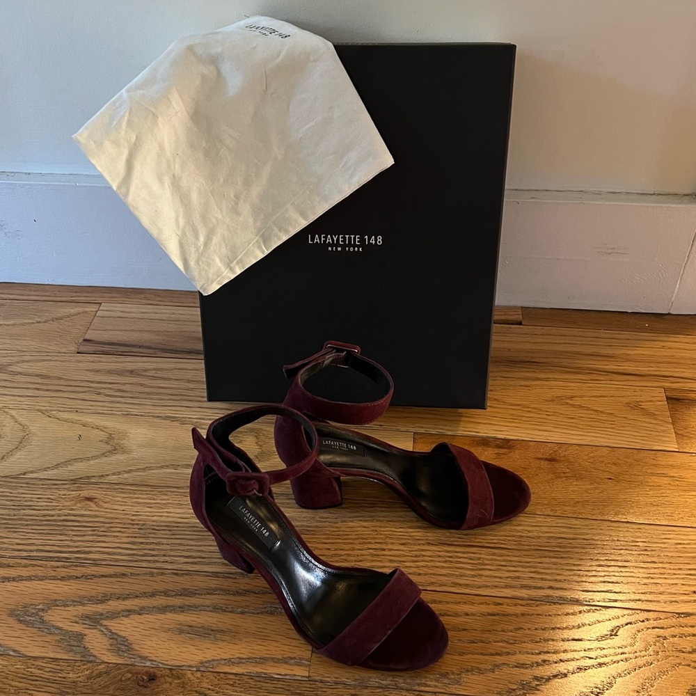 Lafayette 148 cabernet suede block heel sandals, size 6.5